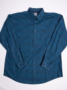 Cinch Western Shirt Men Medium Teal Blue Paisley Geometric Print Long Sleeve M